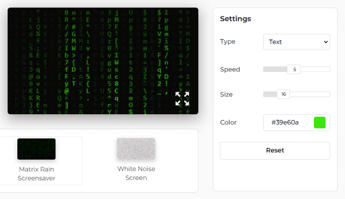 Matrix Rain Screensaver Settings Panel