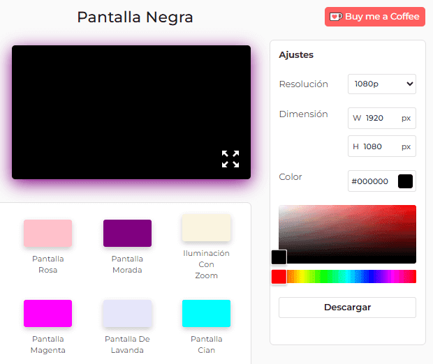 Panel de configuración de la herramienta Pantalla negra