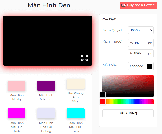Bảng cài đặt công cụ màn hình đen