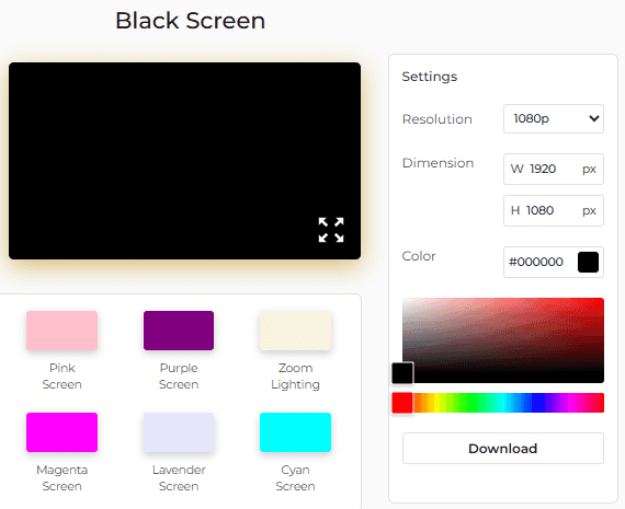 Black Screen Tool Settings Panel