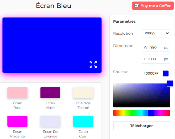 Panneau de configuration de l'outil d'écran bleu