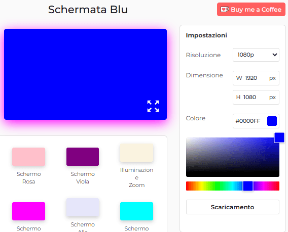 Pannello delle impostazioni dello strumento Schermo blu