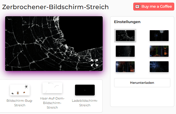Einstellungsfenster des Tools „Streich zum kaputten Bildschirm“