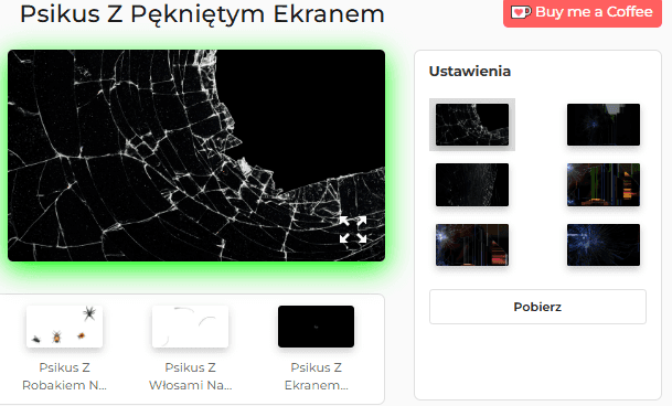 Panel ustawień narzędzia do robienia psikusów na zepsutym ekranie