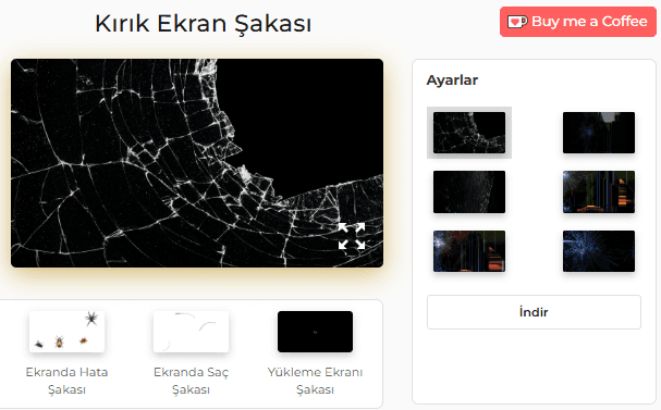 Kırık Ekran Şaka Aracı Ayarlar Paneli