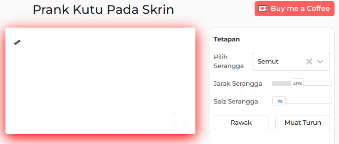 Pepijat pada Panel Tetapan Alat Prank Skrin