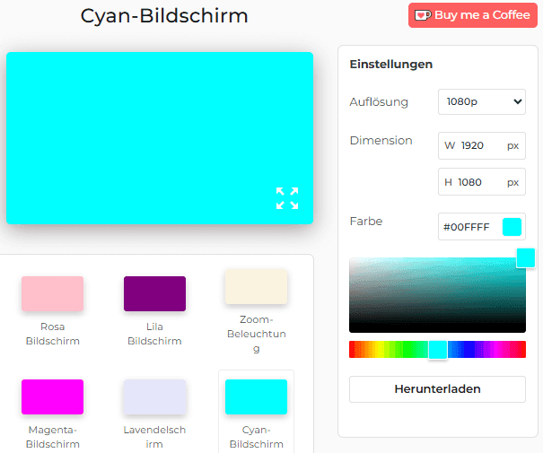 Cyan-Bildschirm-Einstellungsfeld