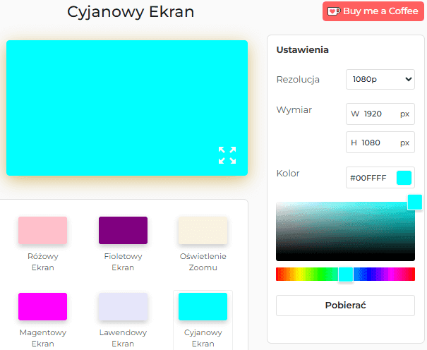 Panel ustawień ekranu cyjanowego