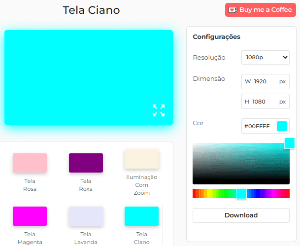 Painel de configurações da tela ciano