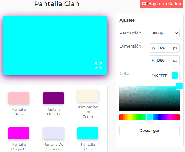 Panel de configuración de pantalla cian