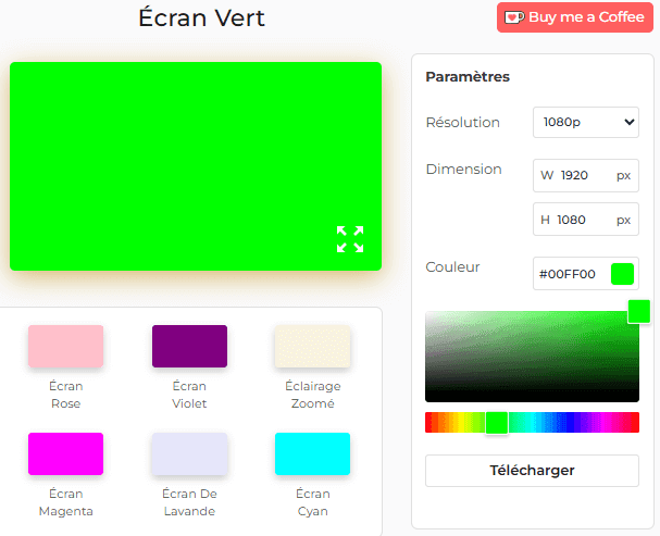 Panneau de paramètres de l'outil d'écran vert