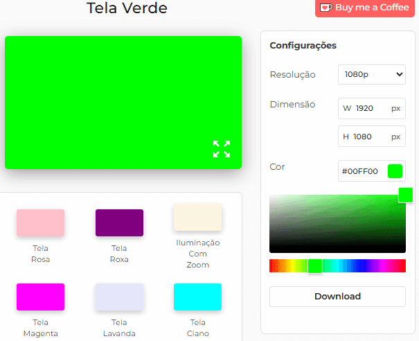 Painel de configurações da ferramenta Tela Verde