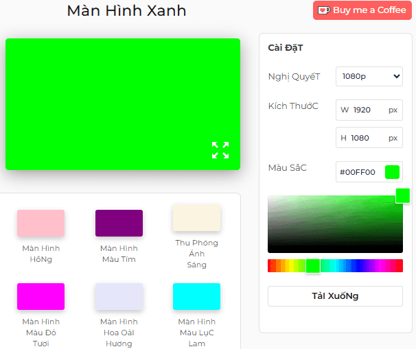 Bảng cài đặt công cụ màn hình xanh