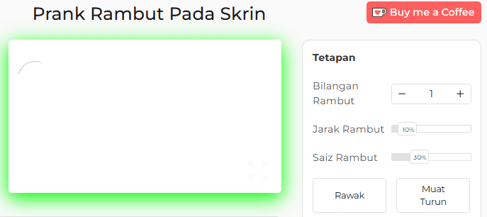 Panel Tetapan Alat Prank Rambut pada Skrin
