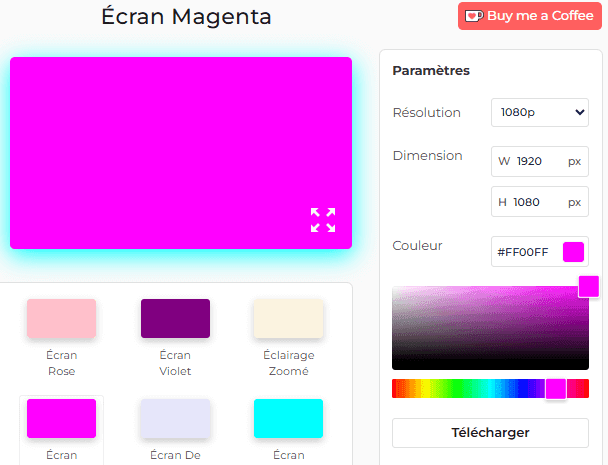 Panneau de paramètres de l'écran magenta