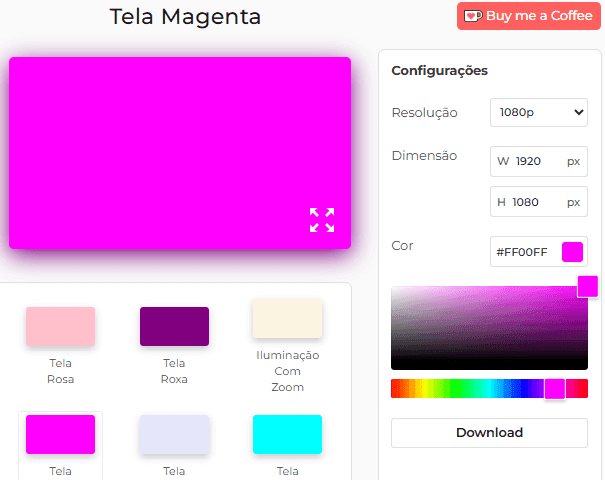 Painel de configurações da tela magenta