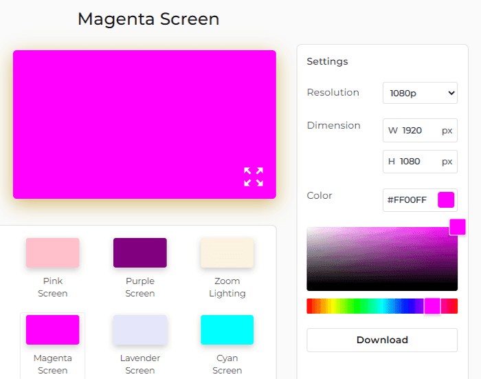 Magenta Screen Settings Panel