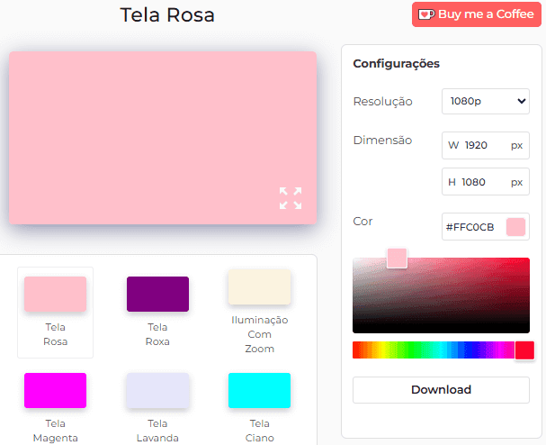 Painel de configurações da ferramenta Tela Rosa