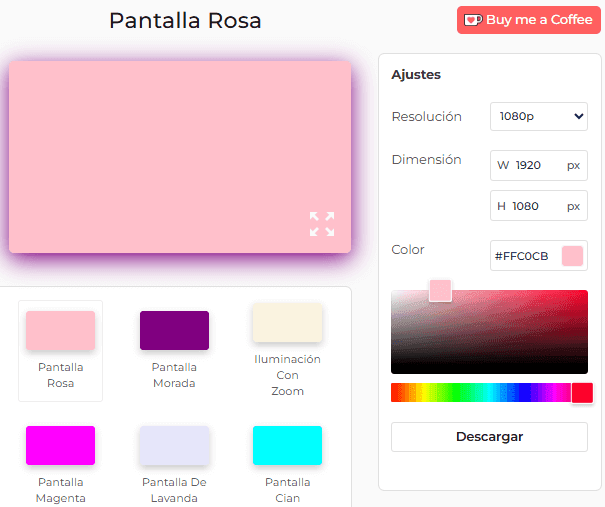 Panel de configuración de la herramienta Pantalla rosa