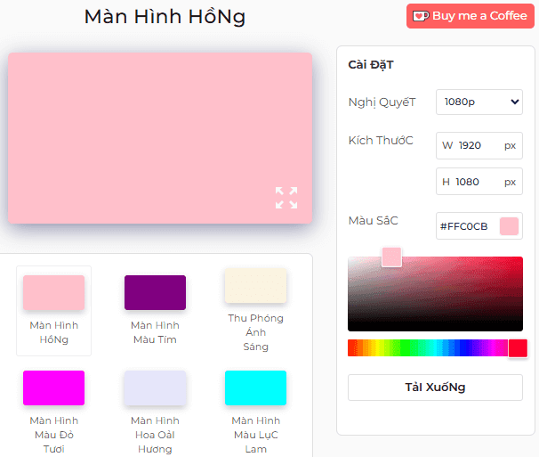 Bảng cài đặt công cụ màn hình màu hồng