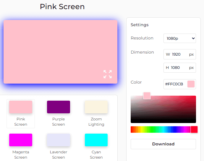 Pink Screen Tool Settings Panel