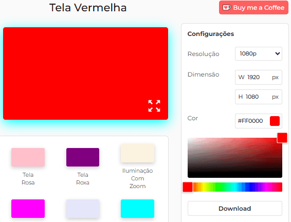 Painel de configurações da tela vermelha