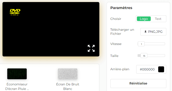 Panneau de configuration de notre économiseur d'écran DVD