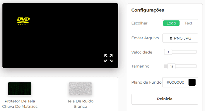 Painel de configurações do nosso protetor de tela de DVD