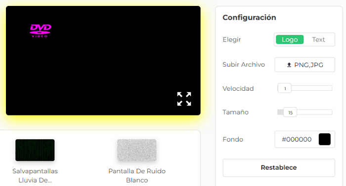 Panel de configuración de nuestro protector de pantalla de DVD