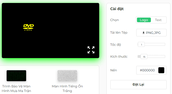 Bảng cài đặt của Trình bảo vệ màn hình DVD của chúng tôi