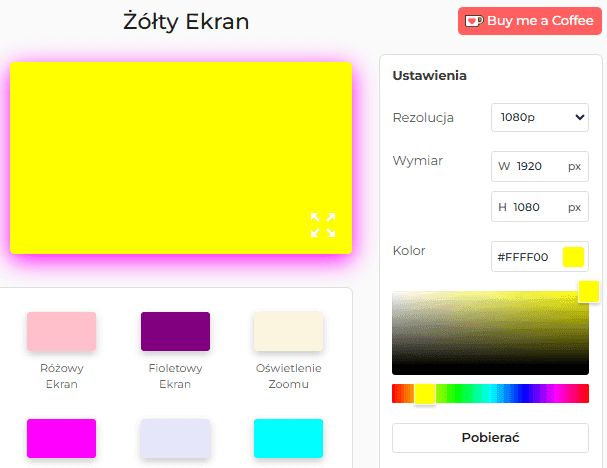 Panel ustawień żółtego ekranu