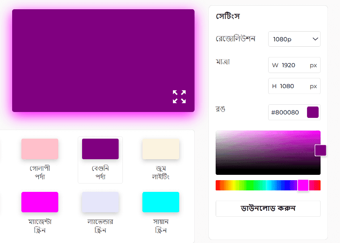 পার্পল স্ক্রিন সেটিংস প্যানেল