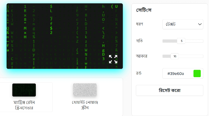 ম্যাট্রিক্স রেইন স্ক্রিনসেভার সেটিংস প্যানেল