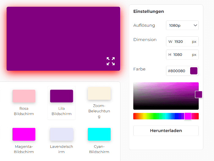 Lila Bildschirm-Einstellungsfeld