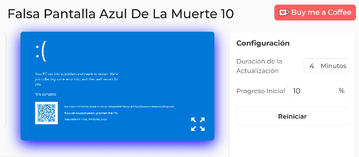 Panel de configuración de la pantalla azul falsa de la muerte 10