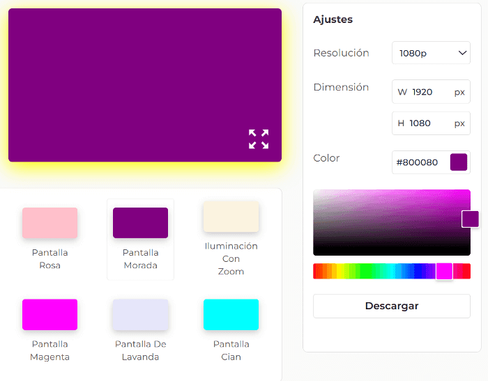 Panel de configuración de pantalla púrpura