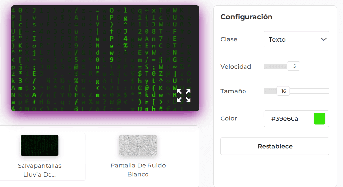 Panel de configuración del protector de pantalla Matrix Rain
