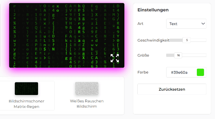 Matrix Rain Screensaver-Einstellungsfeld