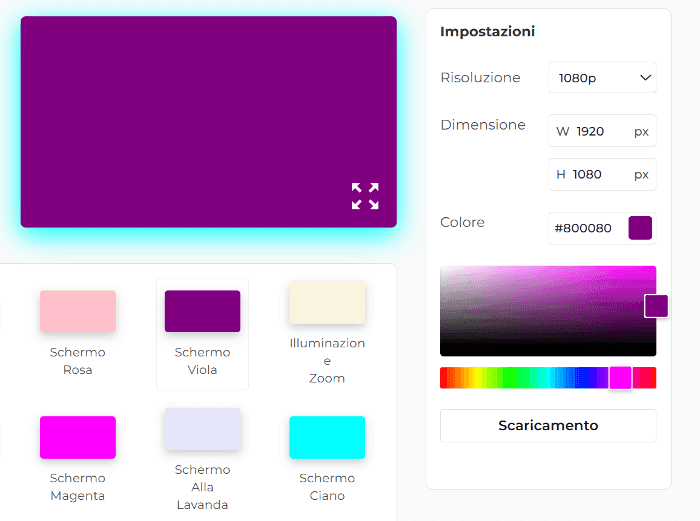 Pannello delle impostazioni dello schermo viola