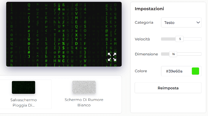 Pannello delle impostazioni dello screensaver Matrix Rain