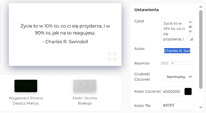 Funkcje naszego wygaszacza ekranu z motywującym cytatem