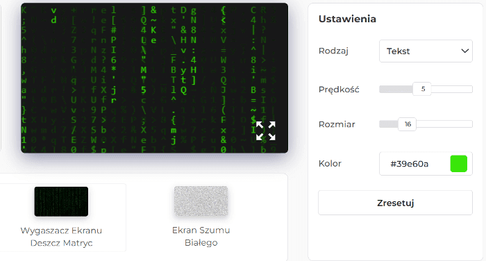 Panel ustawień wygaszacza ekranu Matrix Rain