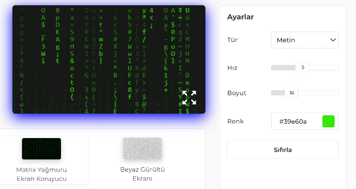 Matrix Rain Ekran Koruyucu Ayarları Paneli