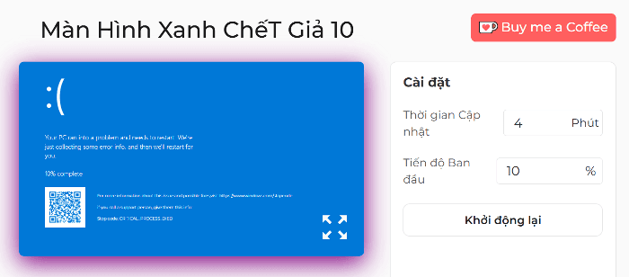 Bảng cài đặt màn hình xanh chết chóc giả mạo 10