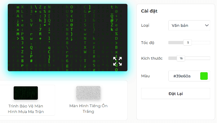 Bảng cài đặt màn hình Matrix Rain