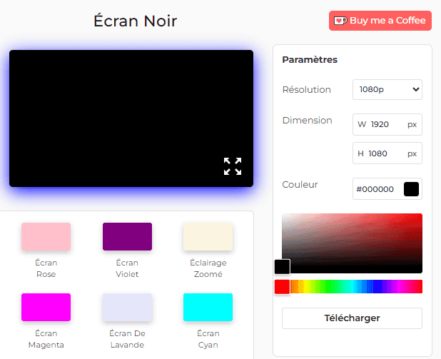 Panneau de paramètres de l'outil d'écran noir