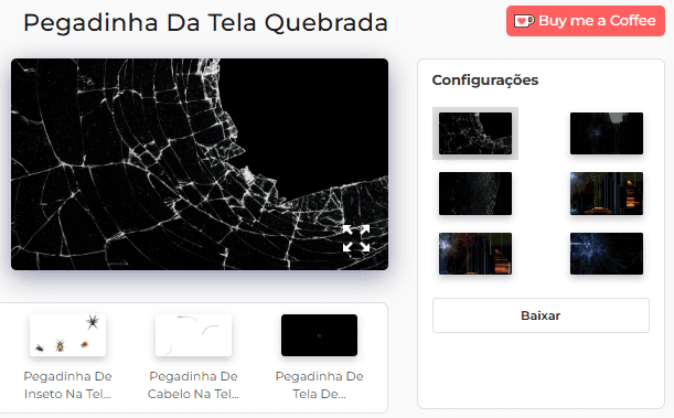Painel de configurações da ferramenta de pegadinha de tela quebrada