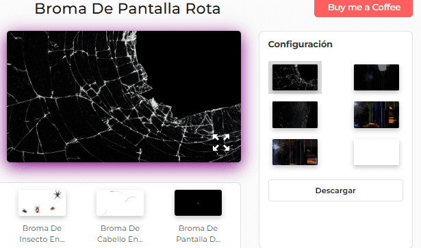 Panel de configuración de la herramienta de broma de pantalla rota