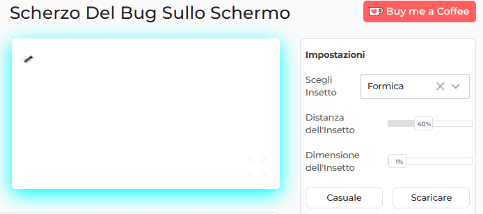 Pannello delle impostazioni dello strumento di scherzo di bug sullo schermo
