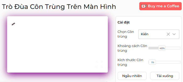 Bảng cài đặt công cụ Bug on Screen Prank